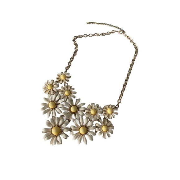 Daisy Sunflower Floral Statement Necklace Women White Enamel Yellow Pearl Center - Picture 10 of 16